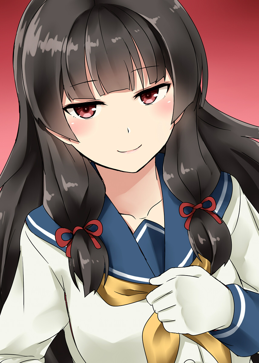 1girl artist_name black_hair breasts collarbone commentary_request dated eyebrows eyebrows_visible_through_hair gloves hand_on_own_chest highres isokaze_(kantai_collection) kamelie kantai_collection long_hair long_sleeves looking_at_viewer medium_breasts red_background red_eyes revision shiny shiny_hair smile smug solo white_gloves