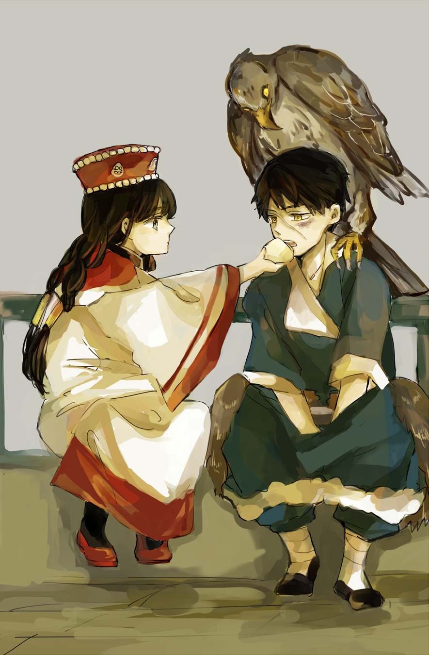 1boy 1girl animal animal_on_shoulder bandage bird bird_on_shoulder black_hair brown_eyes dress dumpling eagle feeding food hands_on_lap hat highres long_hair melumi open_mouth pelt robe robomi scar shoes short_hair shut_hell sitting sketch twintails wide_sleeves yaralt yellow_eyes yurul