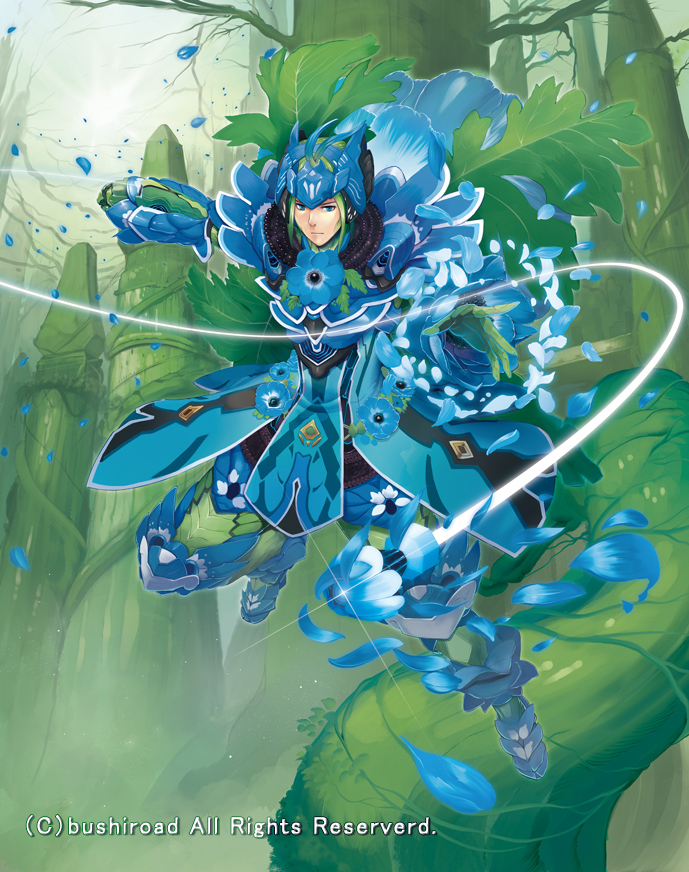 1boy armor armored_boots blue_eyes boots cardfight!!_vanguard company_name flower gloves green_hair helmet knight_of_transience_maredream leaf male_focus nature official_art petals saitou_takeo solo tree