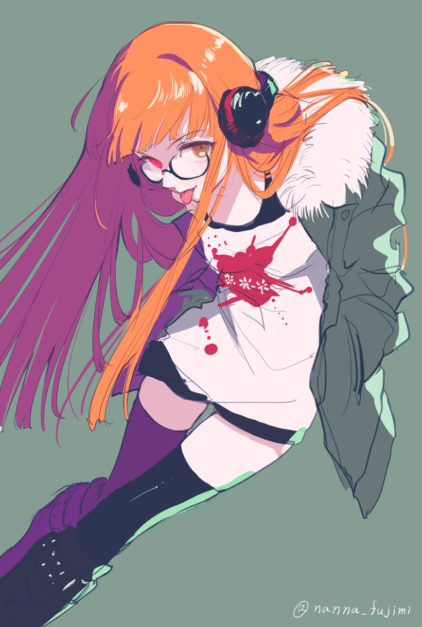 1girl 778-go artist_name boots breasts fur_trim glasses hands_in_pockets headphones heterochromia highres long_hair long_sleeves looking_at_viewer orange_hair persona persona_5 sakura_futaba shorts simple_background solo text thigh-highs tongue tongue_out