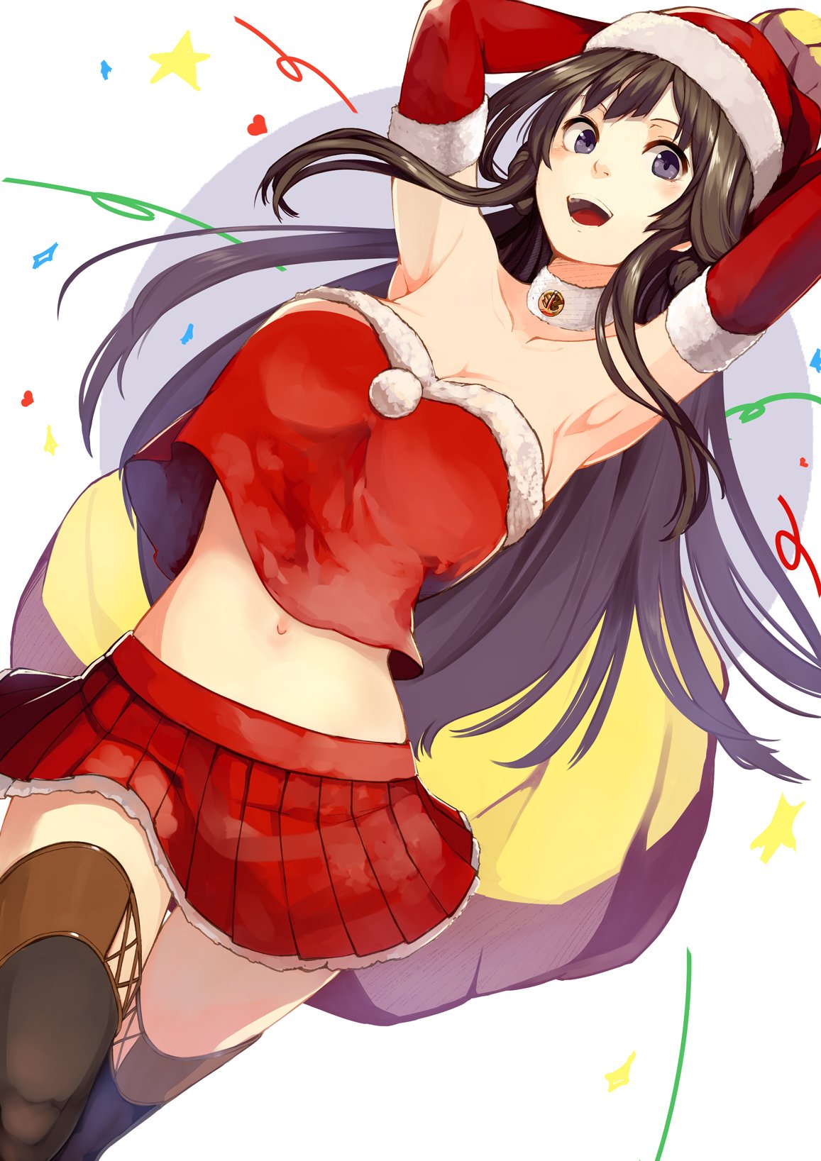 1girl :d alternate_costume artist_request black_hair boots breasts brown_hair choker cleavage fur_trim gloves hat highres houmatu_awa kantai_collection kongou_(kantai_collection) long_hair looking_at_viewer medium_breasts midriff miniskirt navel open_mouth pleated_skirt red_gloves sack santa_costume santa_hat skirt smile solo thigh-highs thigh_boots violet_eyes zettai_ryouiki
