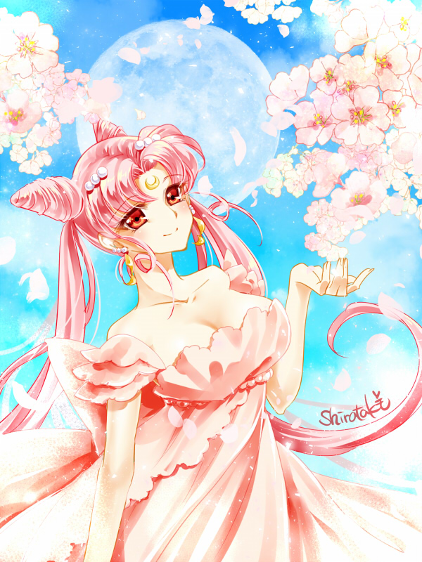 1girl bare_shoulders bishoujo_senshi_sailor_moon blue_background breasts cherry_blossoms chibi_usa cleavage closed_mouth collarbone cowboy_shot crescent double_bun dress earrings facial_mark forehead_mark full_moon hair_ornament hairpin jewelry long_hair looking_at_viewer medium_breasts moon older petals pink_dress pink_hair red_eyes shirataki_kaiseki signature small_lady_serenity smile solo twintails