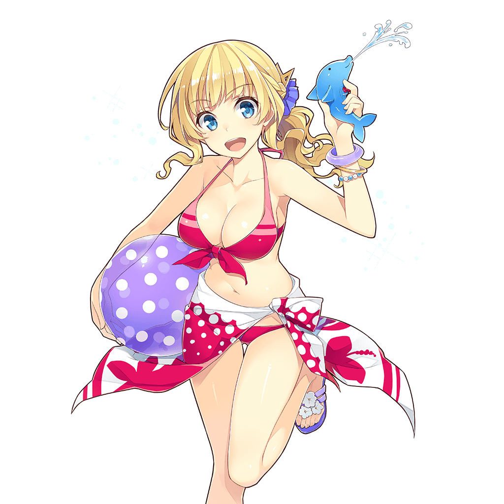 1girl amelie_mcgregor ball beachball bikini blonde_hair blue_eyes bracelet braid breasts carrying cleavage french_braid front-tie_top gun halter_top halterneck holding holding_gun holding_weapon jewelry legs_up long_hair looking_at_viewer medium_breasts mmu navel official_art open_mouth ponytail round_teeth sandals sarong smile solo swimsuit teeth transparent_background uchi_no_hime-sama_ga_ichiban_kawaii water_gun weapon