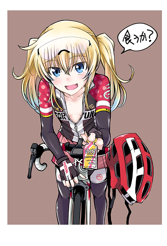 1girl :d bangs bicycle bicycle_helmet bike_jersey bike_shorts black_legwear blonde_hair blue_eyes blush breasts breasts_apart brown_background check_translation collarbone commentary_request cowboy_shot eyebrows_visible_through_hair fang fingerless_gloves giving gloves goggles goggles_on_head ground_vehicle hair_between_eyes headwear_removed helmet helmet_removed holding leggings light_blue_hair long_hair long_riders! long_sleeves looking_at_viewer multicolored_hair muraji open_clothes open_mouth riding saijou_hinako shorts shorts_under_skirt sidelocks simple_background skirt small_breasts smile solo sweat translated twintails two-tone_hair