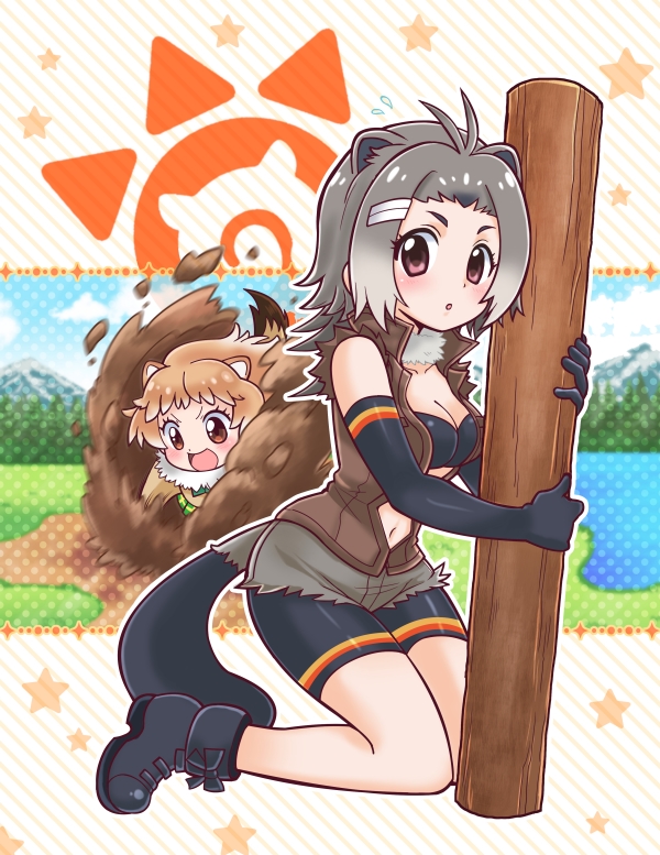 2girls :d :o animal_ears antenna_hair beaver_ears beaver_tail bike_shorts bikini_top black-tailed_prairie_dog_(kemono_friends) blush breasts brown_eyes cleavage day digging dog_ears fur_collar grass hair_ornament hairclip jacket japari_symbol kemono_friends kneeling light_brown_hair log looking_at_viewer mountain multiple_girls nanjou_akimasa navel north_american_beaver_(kemono_friends) open_clothes open_jacket open_mouth prairie_dog_ears river school_uniform short_hair shorts sky smile