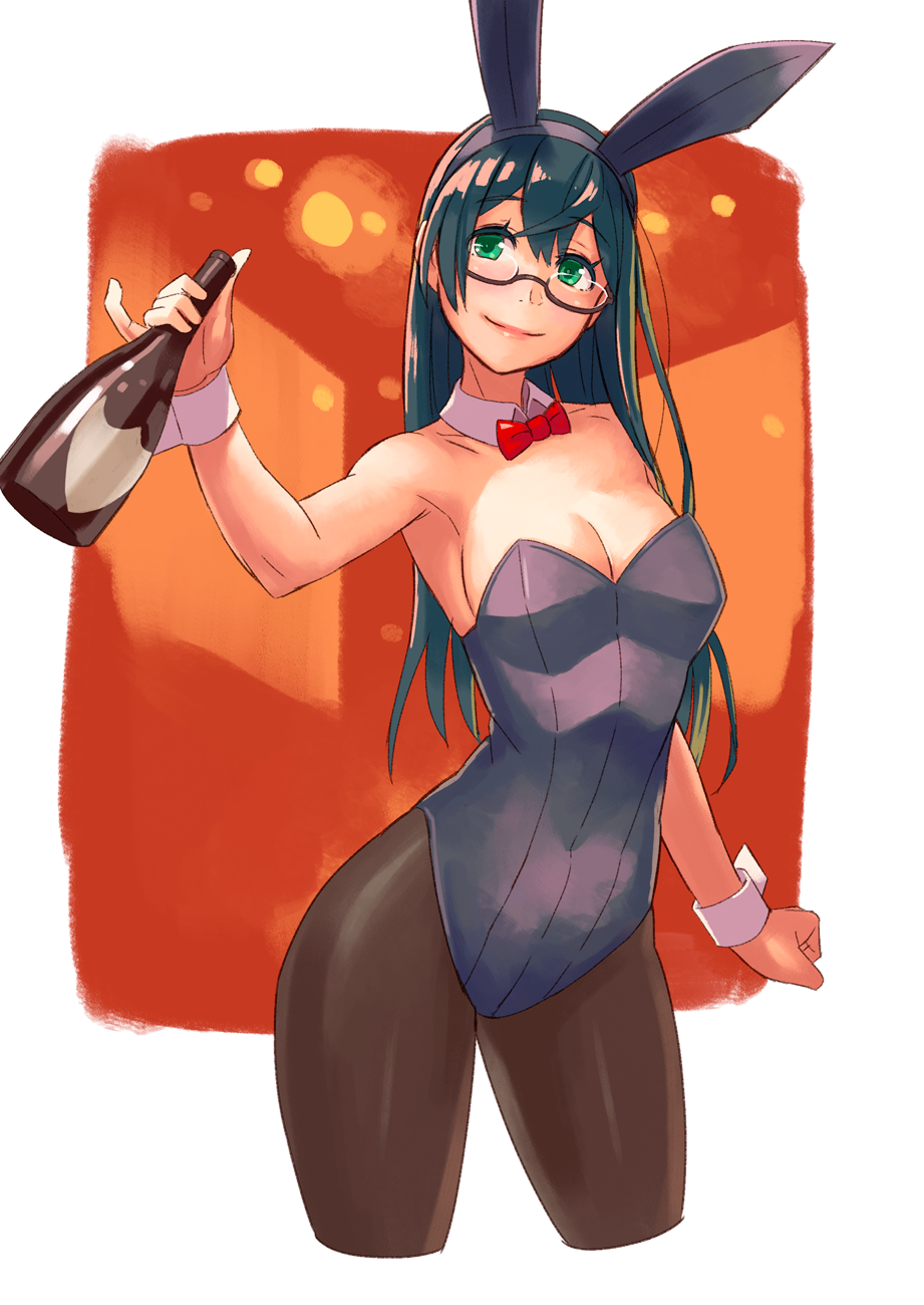 1girl alternate_costume animal_ears armpits bare_shoulders black-framed_eyewear black_hair black_legwear blush bottle bow bowtie breasts bunny_girl bunnysuit cleavage closed_mouth commentary_request cowboy_shot detached_collar fake_animal_ears glasses green_eyes hair_between_eyes hairband highres holding holding_bottle kantai_collection leotard long_hair looking_at_viewer medium_breasts ooyodo_(kantai_collection) pantyhose rabbit_ears red_bow red_bowtie semi-rimless_glasses sideboob smile solo under-rim_glasses wrist_cuffs yuuji_(and)