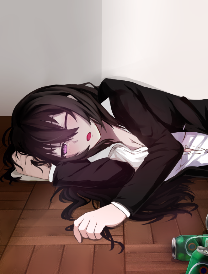 1girl beer_can beifeng_han black_hair blush breasts business_suit can cleavage commentary_request drunk formal head_rest long_hair looking_at_viewer lying medium_breasts miyaura_sanshio office_lady on_side one_eye_closed open_mouth original revision shirt solo suit violet_eyes wavy_hair wooden_floor