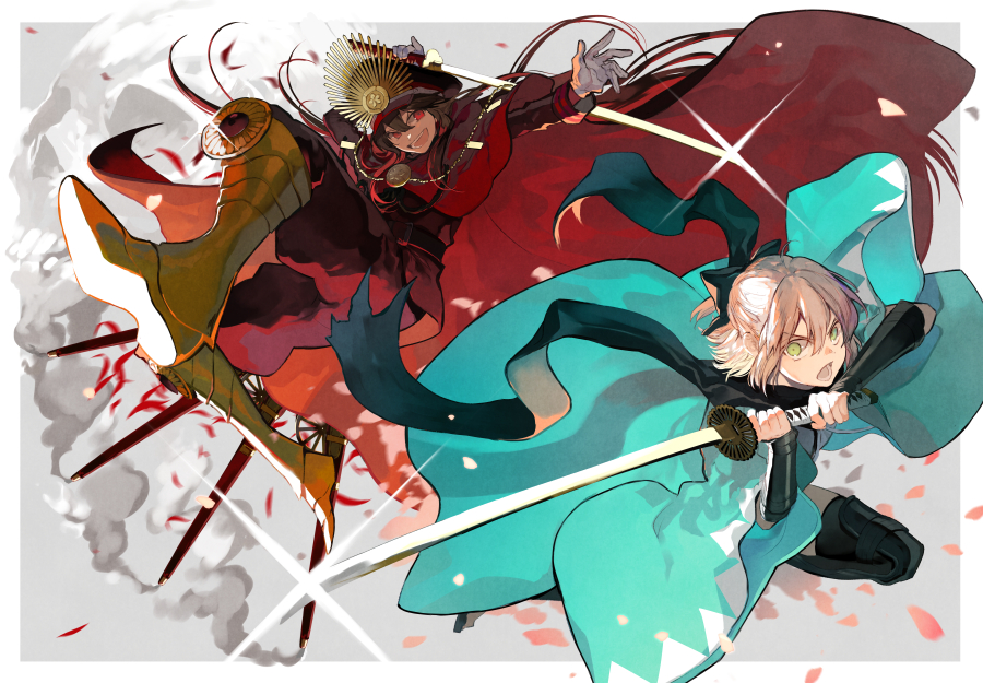 &gt;:d 2girls :d armor armored_boots bangs black_bow black_legwear black_scarf blonde_hair boots bow cloak demon_archer fate_(series) floating_hair glint green_eyes hair_between_eyes hair_bow haori hat holding holding_sword holding_weapon japanese_clothes katana koha-ace long_hair looking_at_viewer military military_hat military_uniform multiple_girls nozaki_tsubata open_mouth outstretched_arm peaked_cap sakura_saber scarf shinsengumi short_hair smile sword teeth thigh-highs tongue uniform weapon