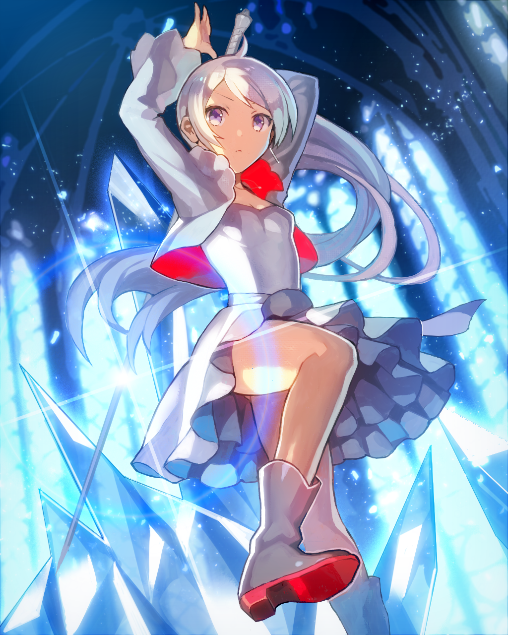 1girl arms_up bare_legs boots closed_mouth cropped_jacket dress earrings frilled_dress frills high_heel_boots high_heels highres holding holding_sword holding_weapon ice jacket jewelry leg_lift lens_flare light_particles long_hair looking_at_viewer necklace ponytail popompon rapier rwby sash side_ponytail solo stained_glass sword violet_eyes weapon weiss_schnee white_boots white_dress white_hair white_jacket
