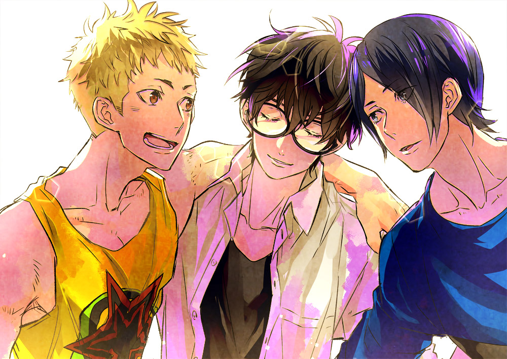 3boys black_hair blonde_hair blue_eyes blue_hair brown_eyes closed_eyes collarbone friends glasses kitagawa_yuusuke kurusu_akira looking_at_another male_focus multiple_boys open_mouth persona persona_5 sakamoto_ryuuji short_hair smile trio white_background yu@genkoochu(5tsukino)