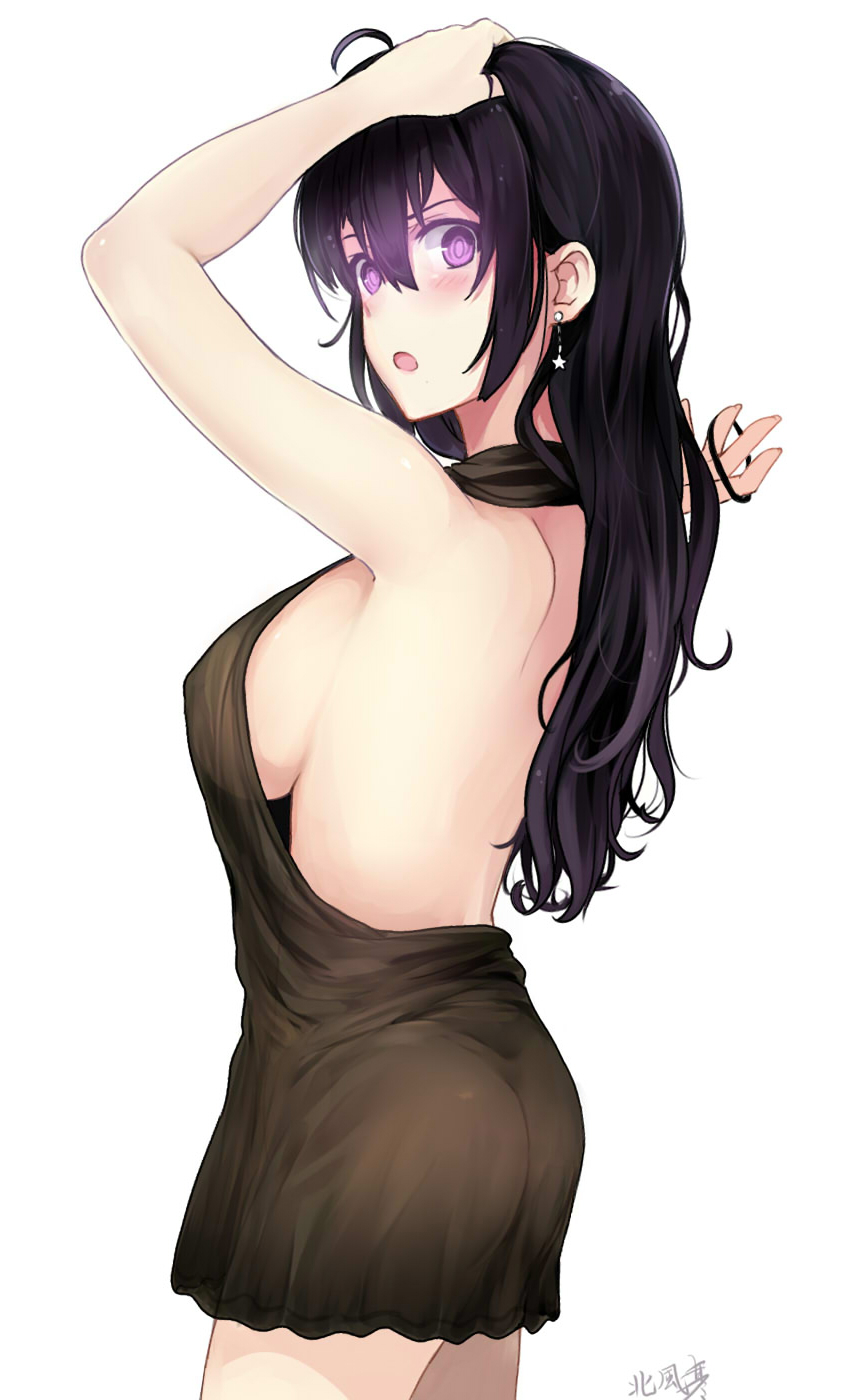 1girl ahoge ass beifeng_han black_dress black_hair blush breasts dress earrings erect_nipples flat_ass hair_between_eyes hair_ornament hand_in_hair highres jewelry large_breasts long_hair looking_at_viewer miyaura_sanshio no_bra open-back_dress open_mouth original revision sideboob solo violet_eyes