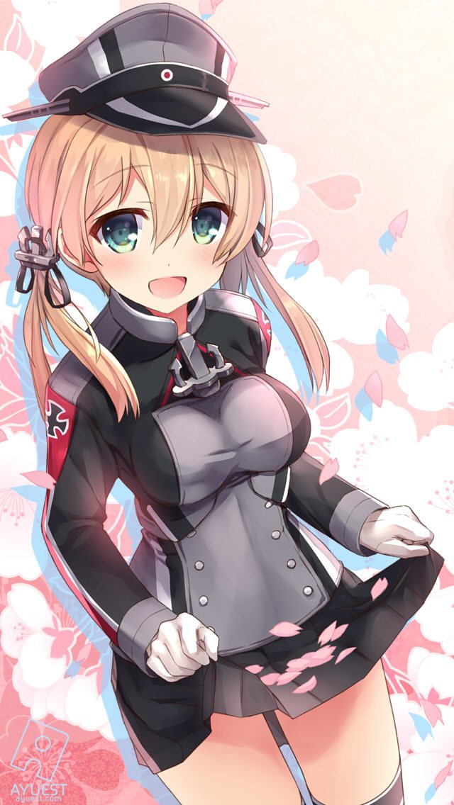 1girl :d anchor_hair_ornament aqua_eyes bankoku_ayuya black_skirt blonde_hair blush breasts cherry_blossoms circle_name floral_background gloves hair_ornament hat iron_cross kantai_collection large_breasts long_hair long_sleeves looking_at_viewer low_twintails military military_hat military_uniform open_mouth peaked_cap petals pleated_skirt prinz_eugen_(kantai_collection) skirt skirt_basket skirt_lift smile solo thigh-highs twintails uniform white_gloves zettai_ryouiki