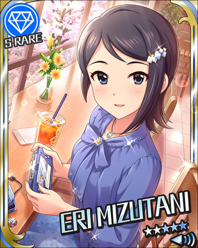 asymmetrical_hair blue_eyes blue_hair blue_shirt blue_skirt card_(medium) chair character_name cherry_blossoms day desk drink floral_print flower game_console hair_ornament hairclip handheld_game_console holding idolmaster idolmaster_cinderella_girls idolmaster_dearly_stars indoors jewelry keychain mizutani_eri necklace official_art plant playstation_vita potted_plant shirt short_hair sitting skirt sparkle straw