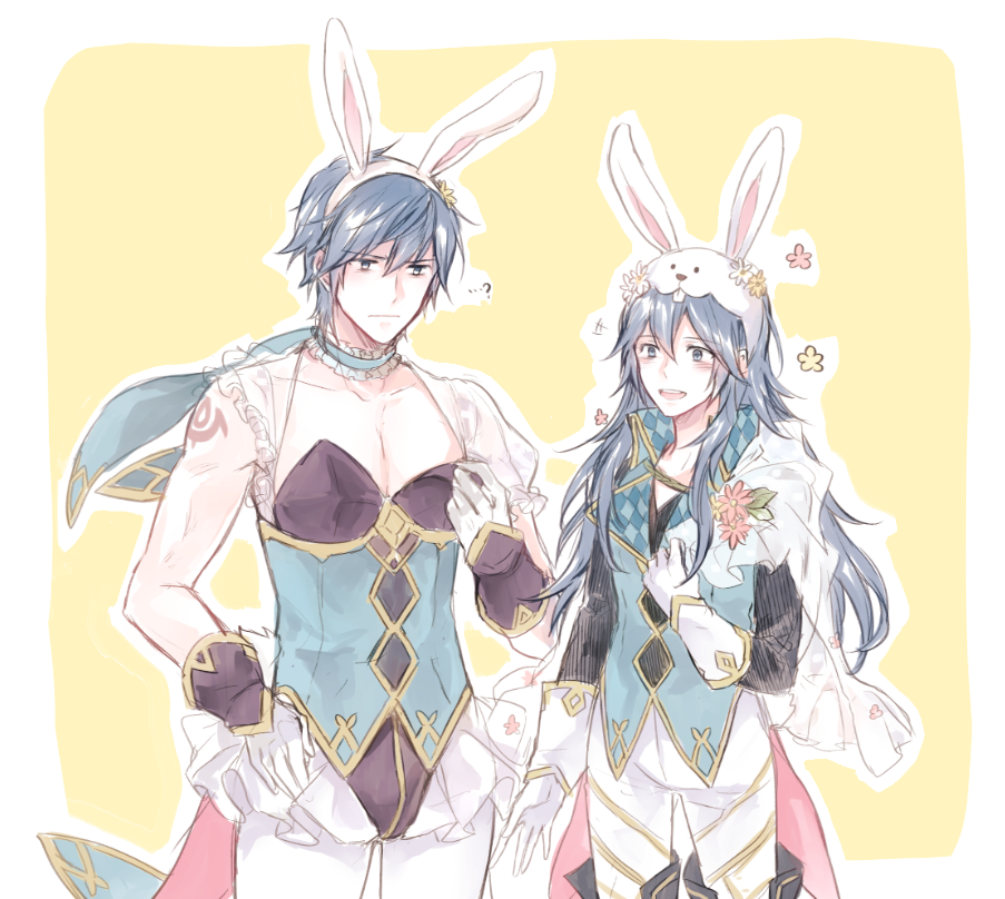 1boy 1girl alternate_costume animal_ears blue_eyes blue_hair blush bunnysuit cape cosplay costume_switch father_and_daughter fire_emblem fire_emblem:_kakusei fire_emblem_heroes gloves krom krom_(cosplay) long_hair lucina lucina_(cosplay) open_mouth rabbit_ears s_upernova short_hair smile tiara