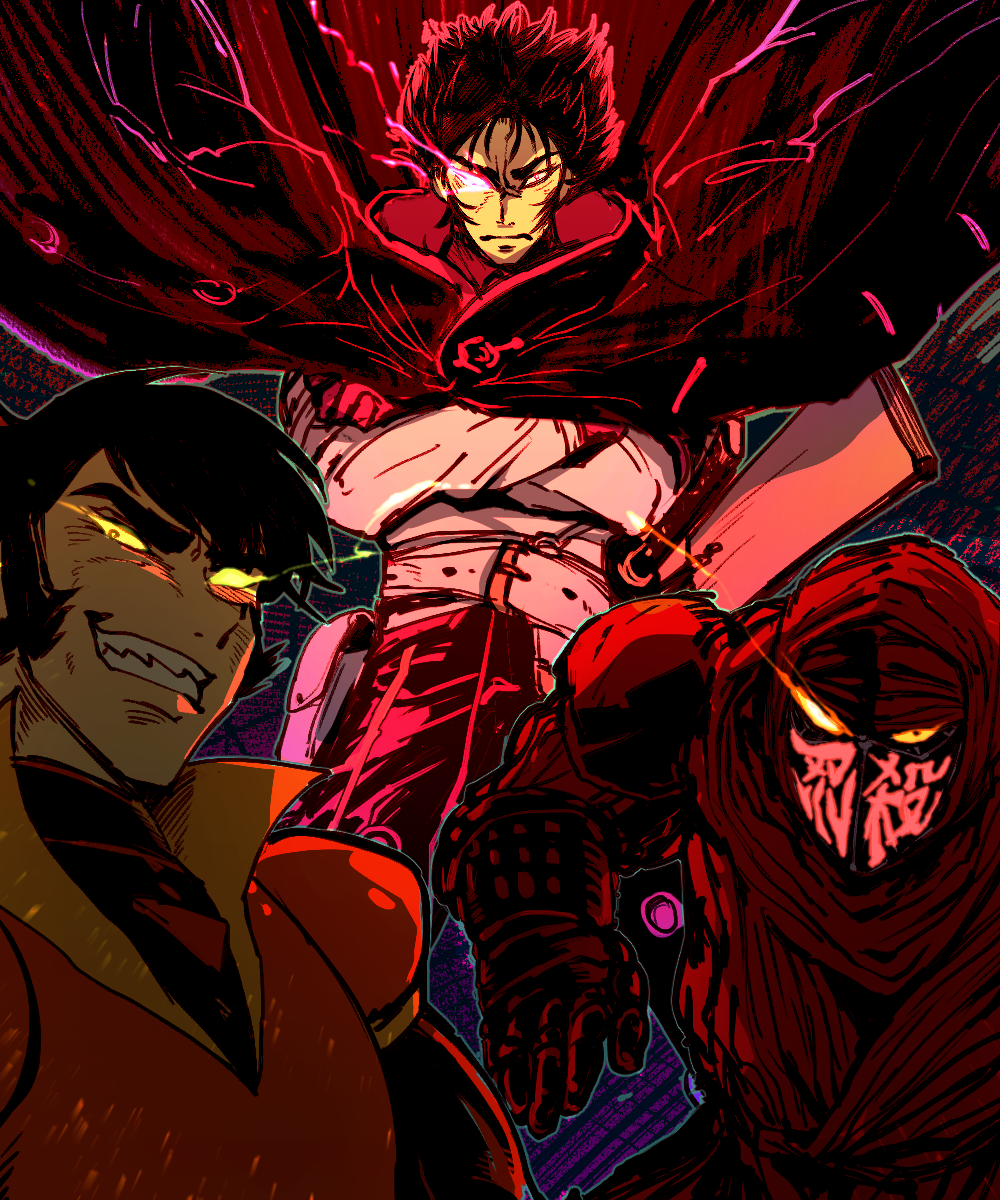 3boys black_hair creator_connection crossed_arms crossover face_mask fate/grand_order fate_(series) fujikido_kenji glowing glowing_eye grin hemeru highres hijikata_toshizou_(fate/grand_order) mask multiple_boys ninja ninja_slayer scarf sharp_teeth shin_mazinger_zero smile teeth tsurugi_tetsuya