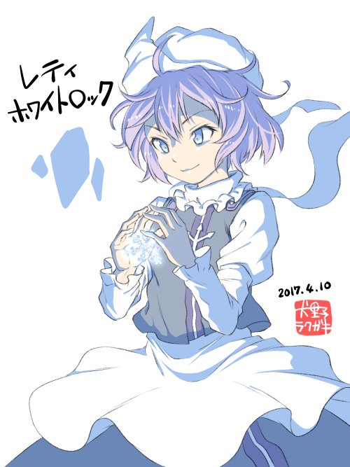 1girl ahoge apron blue_eyes blue_skirt blue_vest character_name collar dated frilled_collar frills hat inuno_rakugaki juliet_sleeves lavender_hair letty_whiterock long_sleeves puffy_sleeves scarf skirt smile snowflakes solo touhou upper_body vest waist_apron white_apron white_background white_hat white_scarf