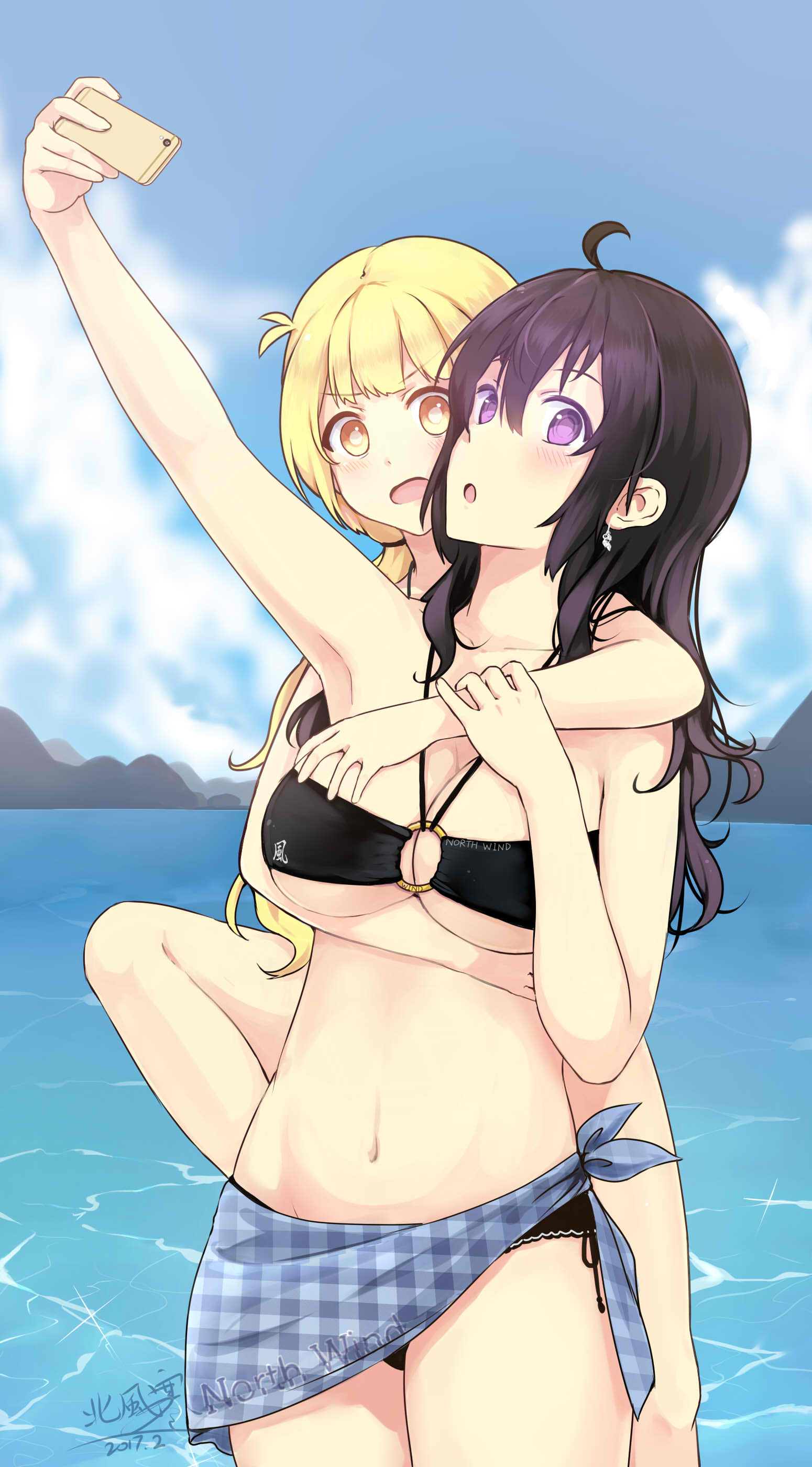 &gt;:o 2girls :o absurdres ahoge arm_at_side arm_up armpits bangs bare_arms bare_shoulders beifeng_han bikini black_bikini black_hair blonde_hair blue_sky blunt_bangs breasts bright_pupils cellphone cellphone_camera checkered cleavage clinging clothes_writing clouds collarbone commentary_request cyou_shigen day earrings eyebrows_visible_through_hair glowing glowing_eyes hair_over_one_eye hand_on_another's_chest highres holding holding_phone jewelry large_breasts long_hair looking_at_viewer miyaura_sanshio multiple_girls navel o-ring_bikini open_mouth original outdoors phone revision sarong self_shot sky stomach swimsuit tareme under_boob violet_eyes wavy_hair yellow_eyes yuri