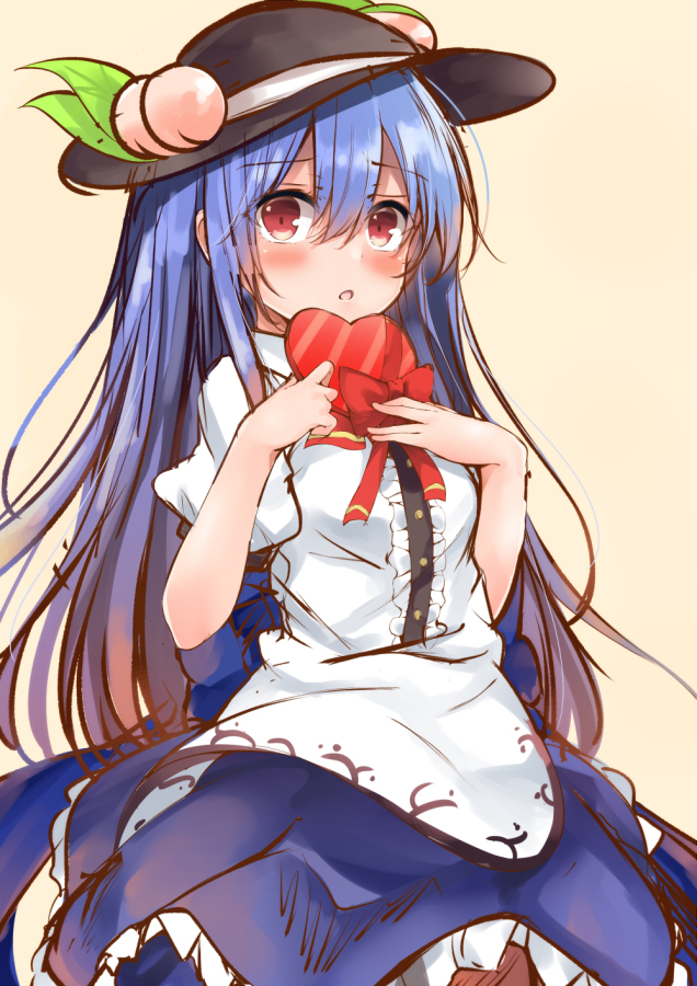 1girl :o black_hat blue_hair blush bow eyebrows_visible_through_hair food fruit gift hat heart hinanawi_tenshi leaf long_hair looking_at_viewer open_mouth peach red_bow red_eyes red_ribbon ribbon solo touhou valentine yuhito_(ablbex)