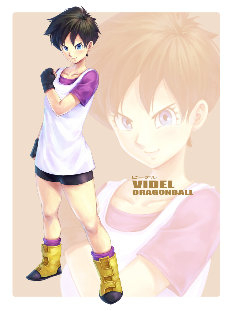 1girl ankle_boots bike_shorts black_gloves black_hair blue_eyes blush boots breasts character_name dragon_ball dragonball_z eply fingerless_gloves full_body gloves purple_legwear shirt short_hair small_breasts socks solo t-shirt tank_top tomboy videl zoom_layer