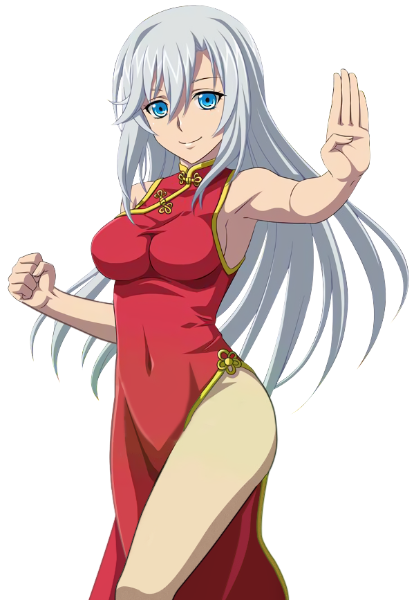 1girl bare_hips blue_eyes breasts china_dress chinese_clothes clenched_hand covered_navel dress floating_hair hair_ornament la_folia_rihavein long_hair looking_at_viewer medium_breasts red_dress sideboob silver_hair sleeveless sleeveless_dress smile solo standing strike_the_blood transparent_background