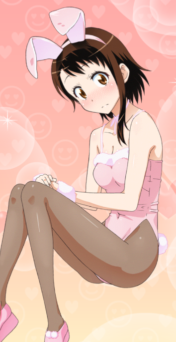 1girl animal_ears blush breasts brown_eyes brown_hair choker cleavage collarbone covered_navel fake_animal_ears hairband highleg highleg_leotard leotard long_hair medium_breasts nisekoi onodera_kosaki pantyhose pink_hairband pink_leotard pink_ribbon rabbit_ears ribbon ribbon_choker short_hair_with_long_locks sidelocks solo