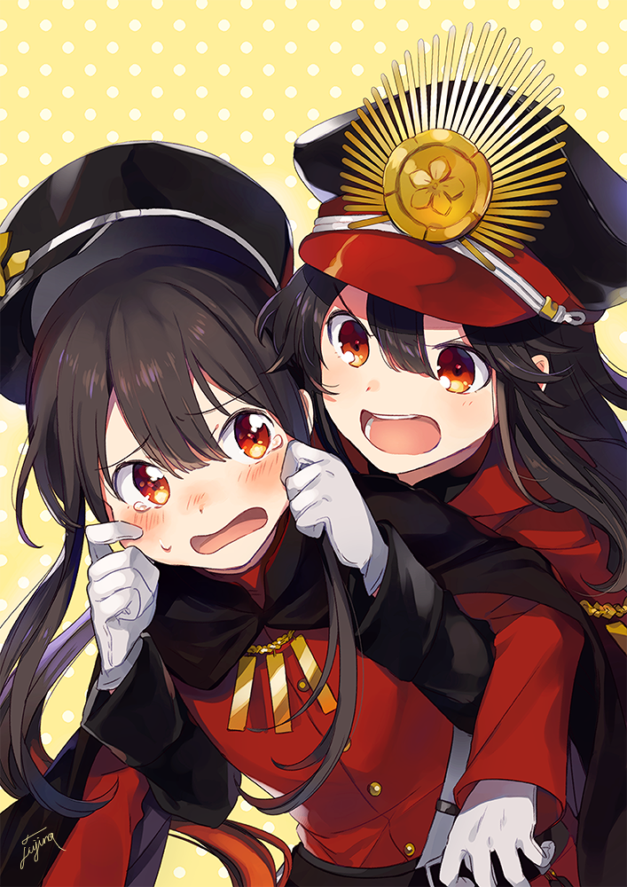&gt;:o 1boy 1girl :o angry belt black_cape black_hair brother_and_sister buttons cape chains cheek_pinching commentary_request demon_archer fate/grand_order fate_(series) fuji_fujino gloves gold_buttons gold_chain hat koha-ace long_hair long_sleeves military military_uniform oda_nobukatsu_(fate/grand_order) oda_nobuyuki_(fate/grand_order) open_mouth pinching polka_dot polka_dot_background red_cape red_eyes siblings sidelocks tearing_up tears uniform wavy_mouth white_gloves yellow_background