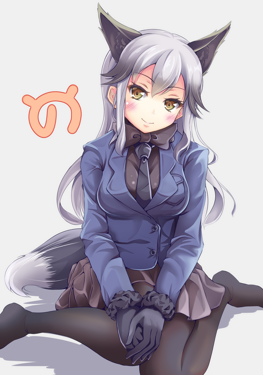 1girl animal_ears bangs between_breasts black_bow black_bowtie black_gloves black_hair black_legwear black_necktie black_skirt blush bow bowtie breasts brown_eyes buttons fox_ears fox_tail fur_trim gloves highres jacket japari_symbol kemono_friends large_breasts long_hair long_sleeves looking_at_viewer miniskirt multicolored_hair necktie necktie_between_breasts pantyhose silver_fox_(kemono_friends) silver_hair sitting skirt smile solo tail two-tone_hair yumibakama_meme