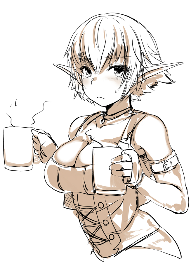 1girl bare_shoulders blush breasts cleavage collarbone cup detached_sleeves eyebrows_visible_through_hair eyelashes frown large_breasts lolicept looking_at_viewer mug original pointy_ears short_hair sketch solo sweatdrop upper_body