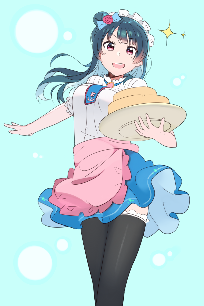 &gt;:d 1girl :d apron aqua_background bangs black_legwear blue_skirt breasts eyebrows_visible_through_hair hair_bun headdress highres holding holding_plate kasa_list long_hair looking_at_viewer love_live! love_live!_sunshine!! medium_breasts open_mouth pink_apron plate side_bun skirt smile solo sparkle teeth thigh-highs tsushima_yoshiko waist_apron waitress zettai_ryouiki