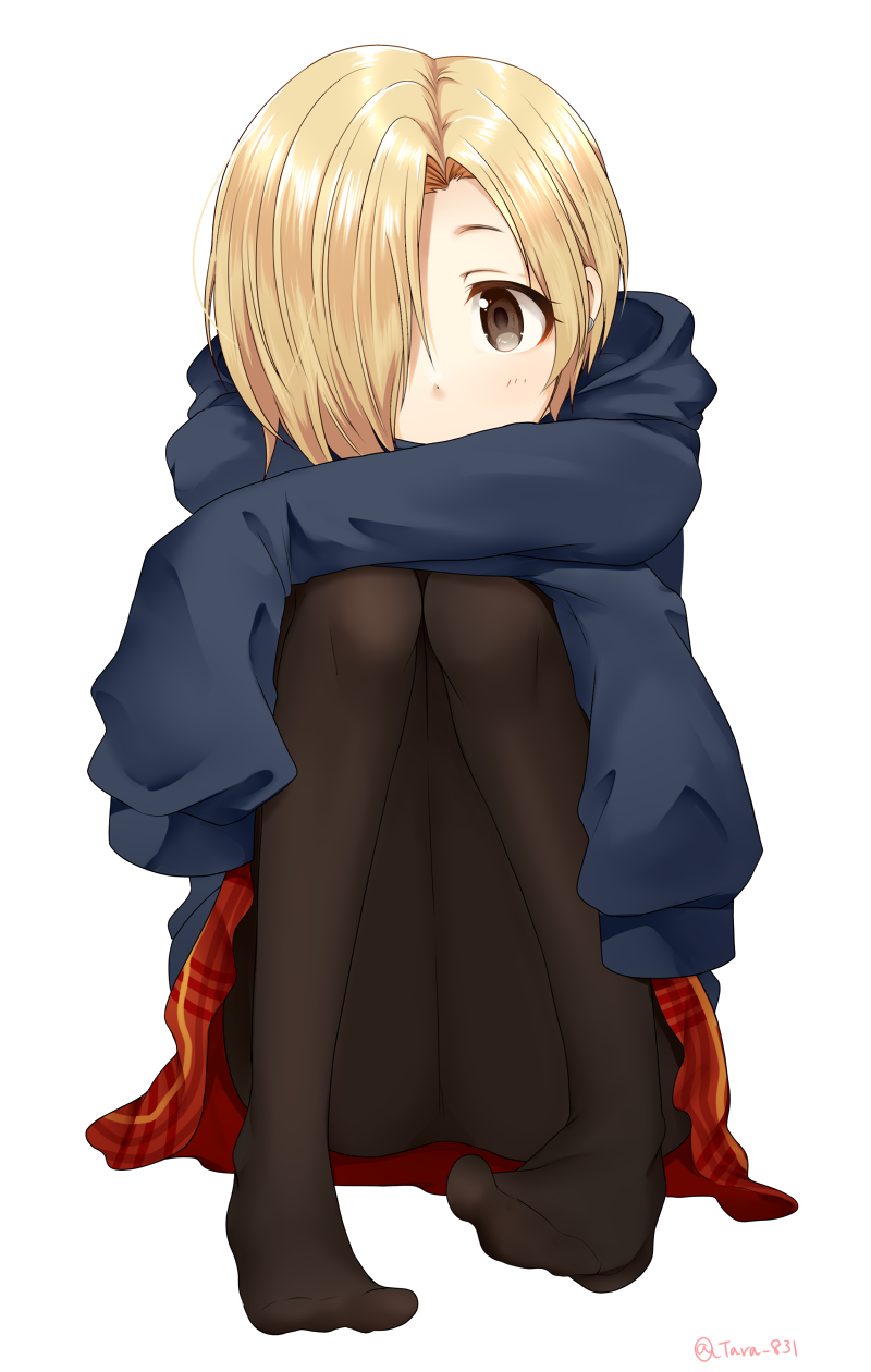 1girl bangs black_legwear blonde_hair brown_eyes ear_piercing hair_over_one_eye hands_in_sleeves highres hood hoodie idolmaster idolmaster_cinderella_girls looking_at_viewer pantyhose parted_bangs piercing shirasaka_koume short_hair simple_background sitting sleeves_past_wrists solo tarachine white_background