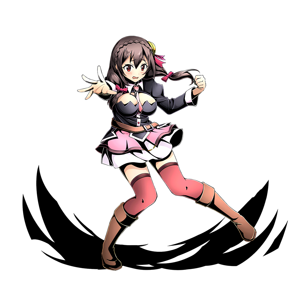 1girl belt blush boots bow breasts brown_boots brown_hair divine_gate floating_hair full_body hair_between_eyes hair_bow kono_subarashii_sekai_ni_shukufuku_wo! large_breasts long_hair looking_at_viewer open_mouth outstretched_arm red_bow red_eyes red_legwear shadow skirt solo standing thigh-highs transparent_background ucmm wavy_mouth white_skirt yunyun_(konosuba)