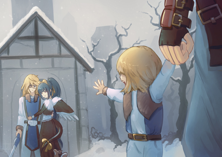 1girl 3boys belt blonde_hair blue_eyes blue_hair bow child commentary cubehero dizzy eyepatch fingerless_gloves gloves guilty_gear hair_bow hand_holding ky_kiske long_hair multiple_boys open_mouth ponytail red_eyes short_hair sin_kiske snow sol_badguy squirrel sword tail tail_bow tree weapon wings