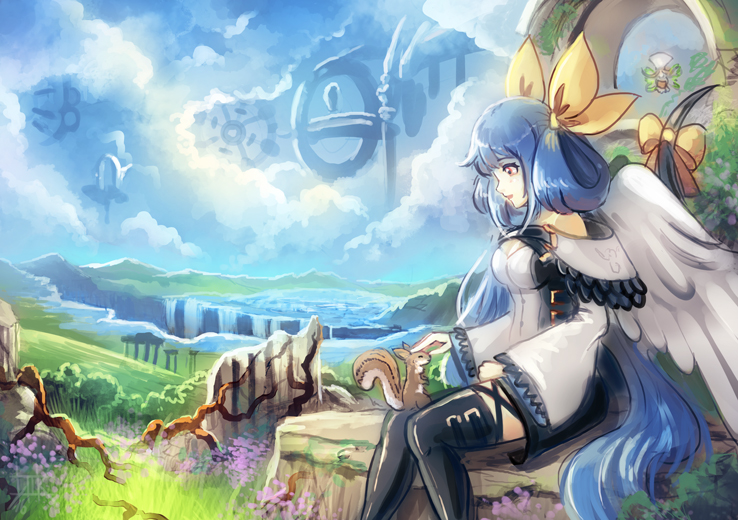 1girl asymmetrical_wings blue_hair blue_sky bow clouds commentary cubehero dizzy guilty_gear hair_bow long_hair outdoors red_eyes sitting sky solo squirrel tail tail_bow thigh-highs wings