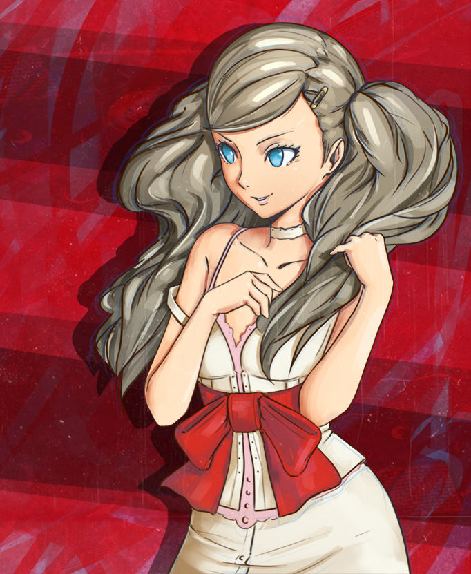 1girl blonde_hair blue_eyes catherine catherine_(cosplay) catherine_(game) cosplay crossover hair_ornament long_hair open_mouth persona persona_5 smile solo takamaki_ann twintails