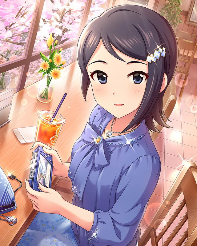 asymmetrical_hair blue_eyes blue_hair blue_shirt blue_skirt chair cherry_blossoms day desk drink floral_print flower game_console hair_ornament hairclip handheld_game_console holding idolmaster idolmaster_cinderella_girls idolmaster_dearly_stars indoors jewelry keychain mizutani_eri necklace official_art plant playstation_vita potted_plant shirt short_hair sitting skirt sparkle straw