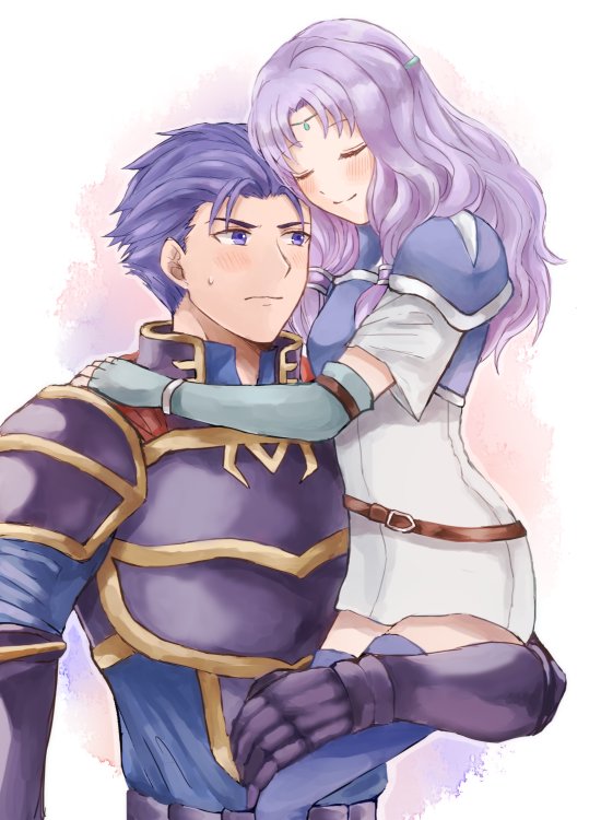 1boy 1girl armor belt blue_hair breastplate breasts carrying circlet closed_eyes couple dress fingerless_gloves fire_emblem fire_emblem:_rekka_no_ken florina gloves hector_(fire_emblem) hetero lavender_hair long_hair short_hair simple_background smile wspread