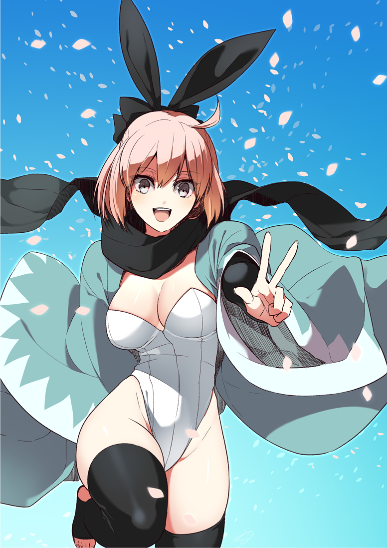 1girl ahoge animal_ears bangs barefoot bow breasts bunnysuit cherry_blossoms cleavage fake_animal_ears fate/grand_order fate_(series) grey_eyes hair_bow japanese_clothes koha-ace leotard looking_at_viewer medium_breasts open_mouth pink_hair playboy_bunny_leotard rabbit_ears rkp sakura_saber scarf shinsengumi short_hair smile solo thigh-highs toeless_legwear toeless_socks v