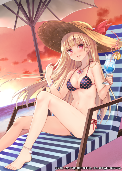 1girl anklet barefoot beach beach_umbrella bikini blonde_hair blush bracelet breasts chair cleavage clouds cup drink drinking_glass food fruit fukahire_sanba hat hat_ribbon heart heart_necklace heart_print heart_straw jewelry long_hair looking_at_viewer lounge_chair medium_breasts million_arthur_(series) navel orange parted_lips pendant print_bikini red_eyes red_ribbon ribbon side-tie_bikini sitting sky smile solo sun_hat swimsuit twilight umbrella