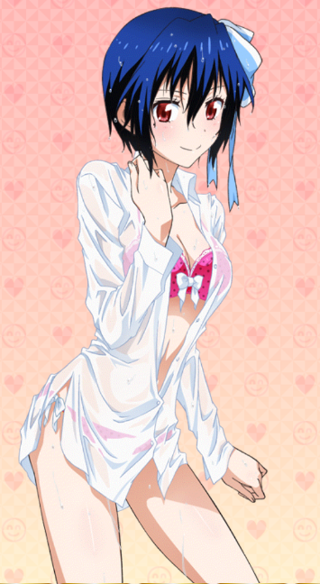 1girl bikini blue_bow blue_hair bow breasts cleavage collarbone cowboy_shot dress_shirt hair_bow looking_at_viewer medium_breasts nisekoi open_clothes open_shirt red_bikini red_eyes shirt short_hair smile solo standing swimsuit tsugumi_seishirou wet wet_clothes wet_hat wet_shirt white_shirt