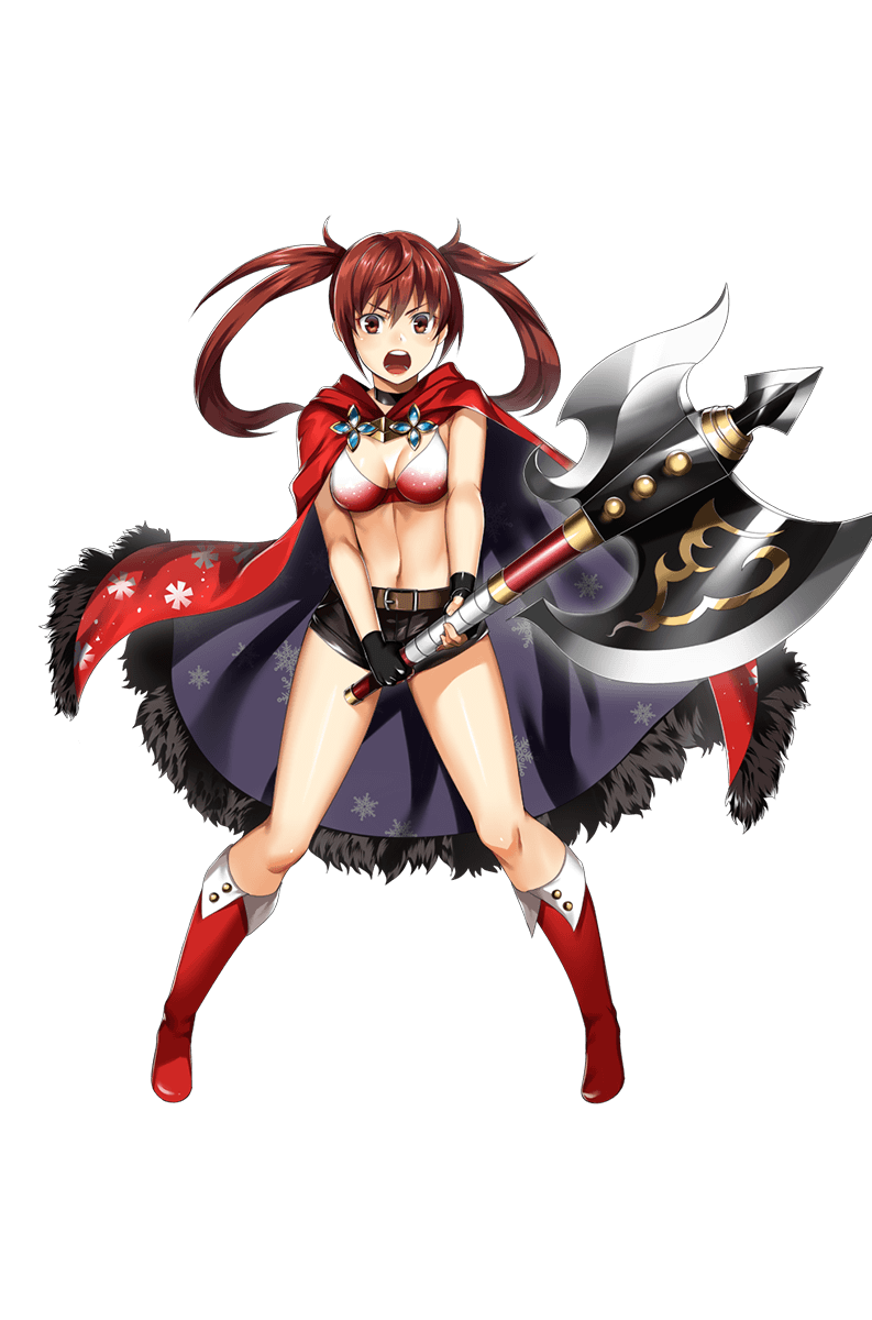 1girl :o axe battle_axe belt black_gloves black_shorts boots breasts brown_eyes brown_hair cape cleavage fingerless_gloves full_body gloves highres hitsuji_chronicle holding_axe long_hair looking_at_viewer medium_breasts midriff navel official_art open_mouth red_boots red_cape shorts shouting snowflake_print solo standing transparent_background twintails weapon