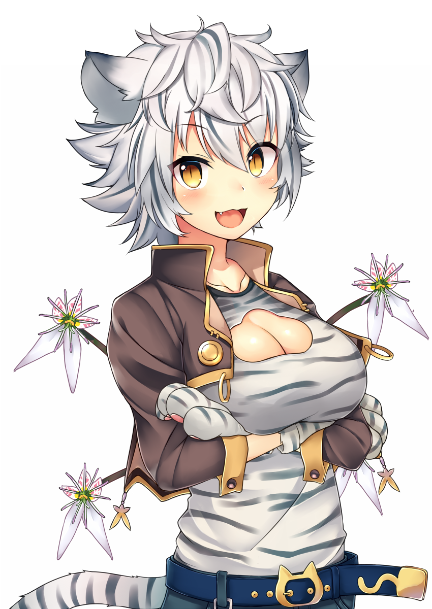 1girl animal_ears animal_print blush breasts cleavage cleavage_cutout fang flower_knight_girl gloves highres kida_kuro_mu large_breasts looking_at_viewer open_mouth paw_gloves paws short_hair silver_hair simple_background slit_pupils smile solo tail tiger_ears tiger_print tiger_tail yellow_eyes yukinoshita_(flower_knight_girl)