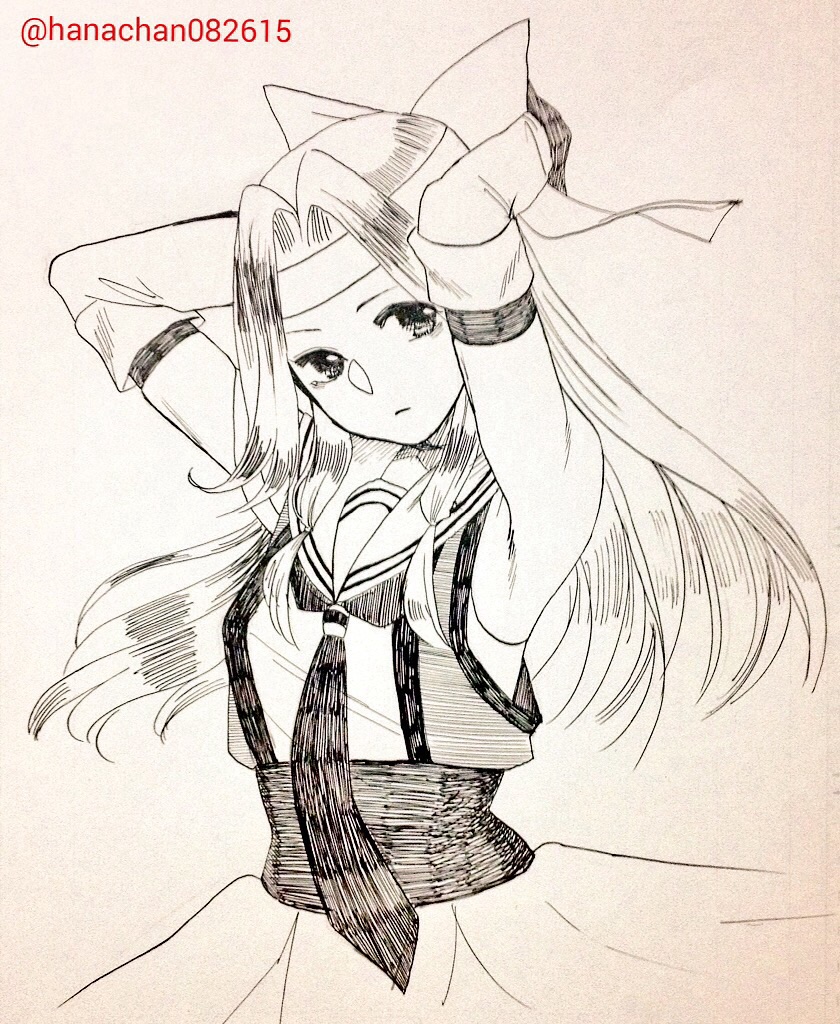 1girl arms_behind_head black_gloves bow elbow_gloves gloves hair_bow hair_intakes hanachan_(artist) headband jintsuu_(kantai_collection) kantai_collection long_hair looking_at_viewer monochrome sketch solo twitter_username upper_body white_background