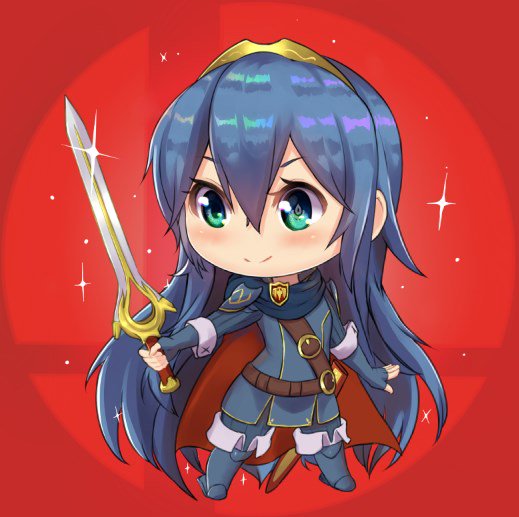 &gt;:) 1girl armor belt blue_boots blue_cape blue_eyes blue_gloves blue_hair blush boots cape chibi closed_mouth elbow_gloves emblem falchion_(fire_emblem) fighting_stance fingerless_gloves fire_emblem fire_emblem:_kakusei full_body gloves hair_between_eyes holding holding_sword holding_weapon long_hair lucina magister_(medical_whiskey) red_background sheath short_sleeves shoulder_pads sleeve_cuffs smile solo sparkle standing super_smash_bros. sword symbol-shaped_pupils tareme thigh-highs thigh_boots tiara tunic unsheathed very_long_hair weapon