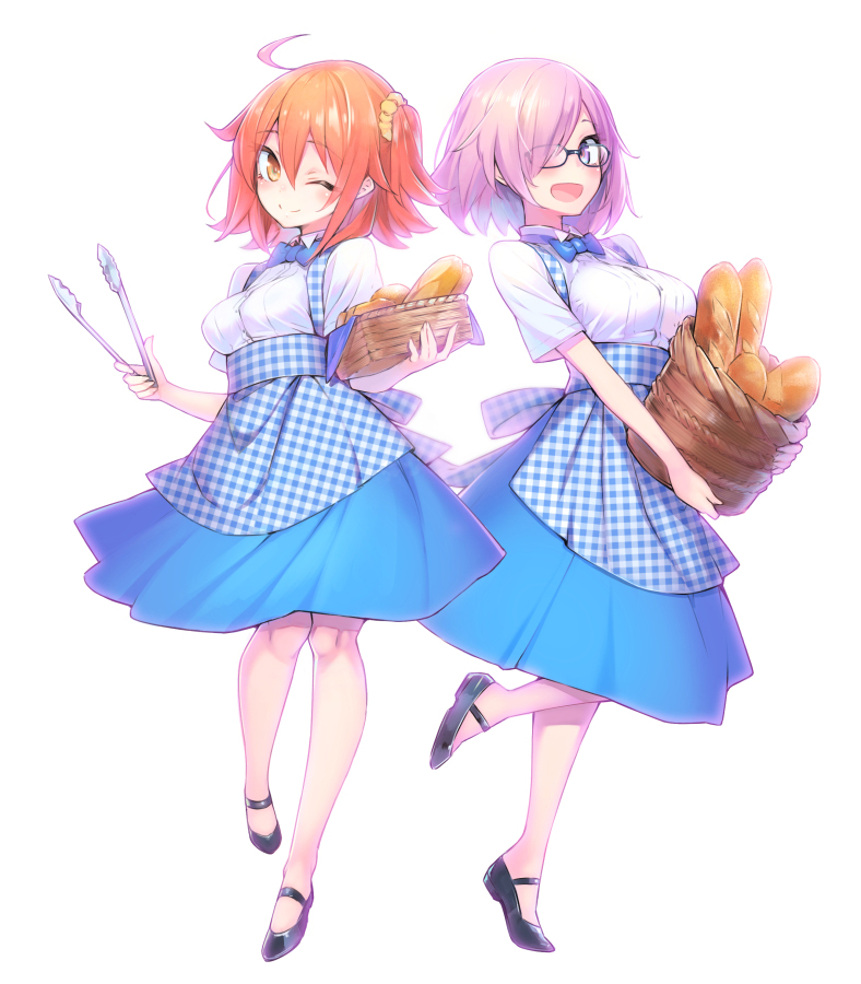 2girls :d ;) ahoge alternate_costume apron baguette basket black_shoes blouse blue_bow blue_bowtie blue_skirt bow bowtie bread breasts carrying fate/grand_order fate_(series) food fujimaru_ritsuka_(female) full_body glasses hair_ornament hair_over_one_eye hair_scrunchie holding knees_touching kobeya koubeya_uniform looking_at_viewer mary_janes matching_outfit medium_breasts minoa_(lastswallow) multiple_girls no_socks one_eye_closed open_mouth orange_hair plaid plaid_apron purple_hair scrunchie shielder_(fate/grand_order) shirt shoes short_hair short_ponytail short_sleeves side_ponytail simple_background skirt smile standing tongs violet_eyes waist_apron waitress white_background white_shirt yellow_eyes
