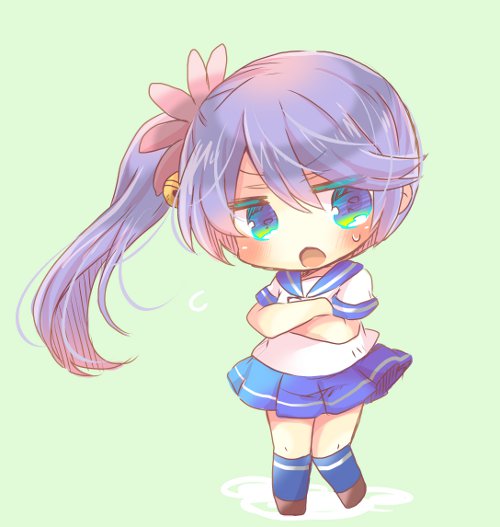 1girl akebono_(kantai_collection) bell blue_legwear blue_sailor_collar blue_skirt blush chibi crossed_arms eyebrows_visible_through_hair flower green_background hair_bell hair_flower hair_ornament hiyokou_(hiyoyo) jingle_bell kantai_collection kneehighs long_hair looking_at_viewer neckerchief open_mouth pleated_skirt purple_hair sailor_collar side_ponytail simple_background skirt solo sweat very_long_hair violet_eyes