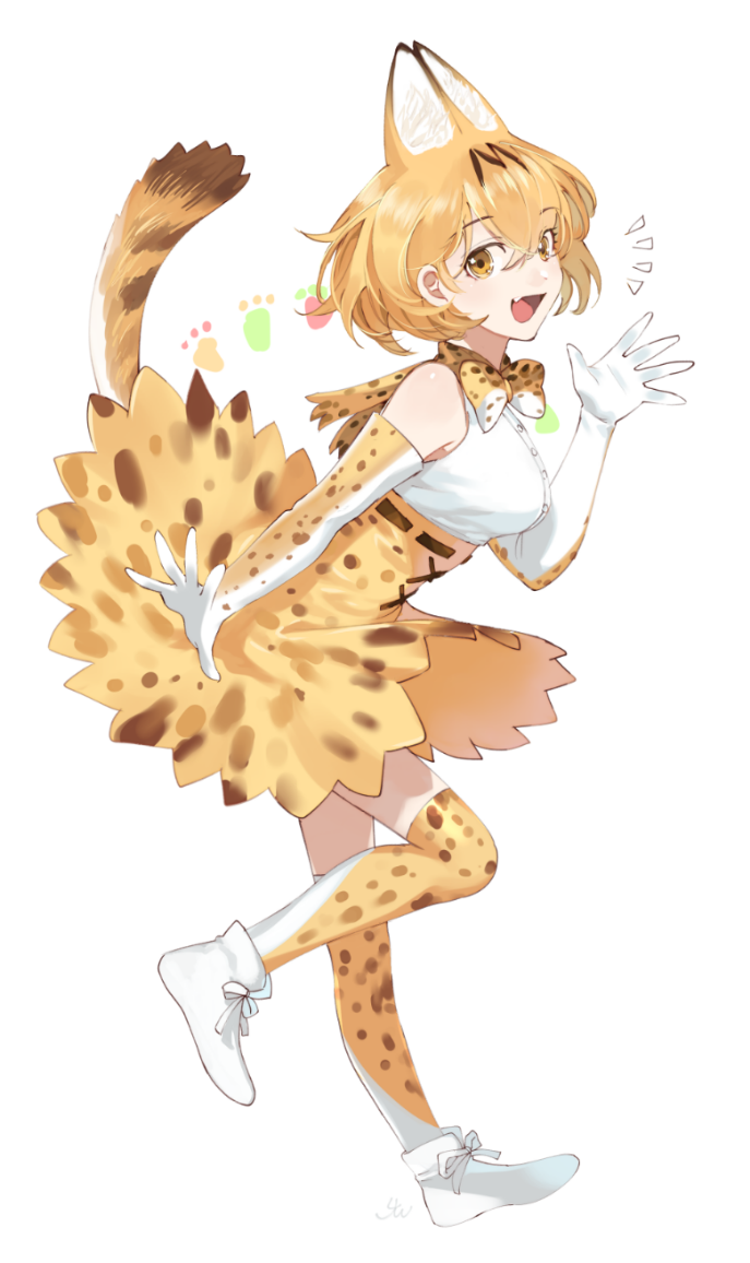 /\/\/\ 1girl 9sui :d animal_ears arm_at_side bare_shoulders belt body_blush bow bowtie breasts brown_belt buttons cross-laced_clothes elbow_gloves eyelashes fang from_side full_body gloves high-waist_skirt kemono_friends large_breasts leg_lift light_brown_eyes looking_at_viewer open_hands open_mouth orange_hair ribbon serval_(kemono_friends) serval_ears serval_print serval_tail shiny shiny_skin shirt shoe_ribbon short_hair signature simple_background skirt sleeveless sleeveless_shirt smile solo standing standing_on_one_leg striped_tail tail tareme thigh-highs waving white_background white_footwear white_ribbon white_shirt zettai_ryouiki