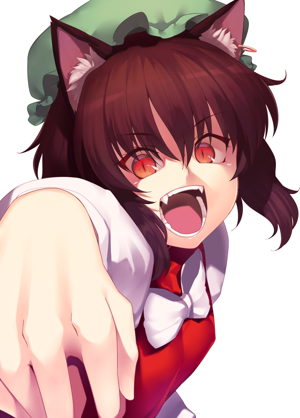 1girl animal_ears bow bowtie brown_hair cat_ears chen fangs hat jewelry kaiza_(rider000) long_sleeves looking_at_viewer mob_cap open_mouth orange_eyes shaded_face shirt short_hair simple_background single_earring slit_pupils smile solo teeth touhou upper_body vest white_background