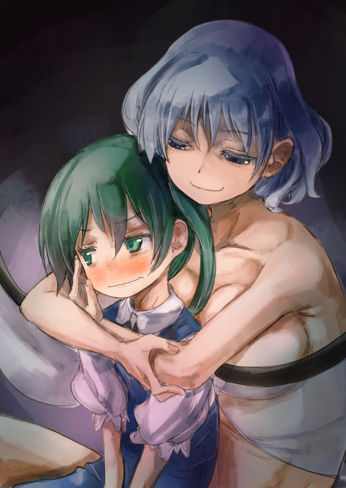 2girls bare_shoulders blue_dress blush breasts daiyousei dress green_eyes green_hair grey_eyes half-closed_eyes hug hug_from_behind large_breasts letty_whiterock long_hair multiple_girls no_hat no_headwear nude short_hair side_ponytail smile touhou wavy_mouth wings yohane yuri