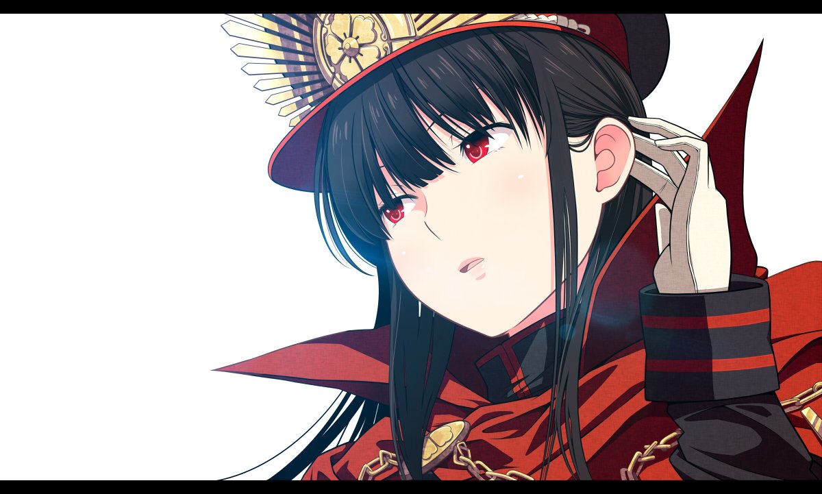 1girl black_hair cape chains demon_archer gloves hat hat_ornament koha-ace long_hair looking_away military military_uniform open_mouth red_eyes simple_background solo tsukumo uniform upper_body white_background white_gloves