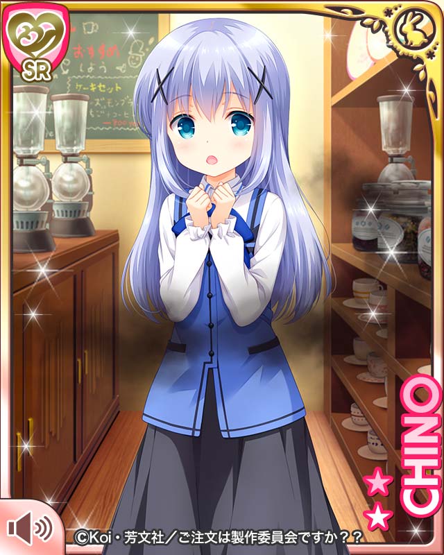 1girl blue_eyes blue_hair card character_name cup girlfriend_(kari) gochuumon_wa_usagi_desu_ka? hair_ornament hairclip jpeg_artifacts kafuu_chino long_hair looking_at_viewer official_art open_mouth qp:flapper rabbit_house_uniform smoke solo surprised